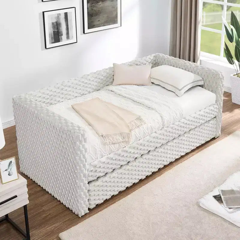 Lit double Canapé-lit capitonné en tissu velours côtelé à carreaux pour chambre à coucher Beige