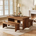 Lantine 55 Dining Table with 2 Benches, Dining Table Set for 4-6 People, Farmhouse Kitchen Table with Bench, Dining Room Table Set