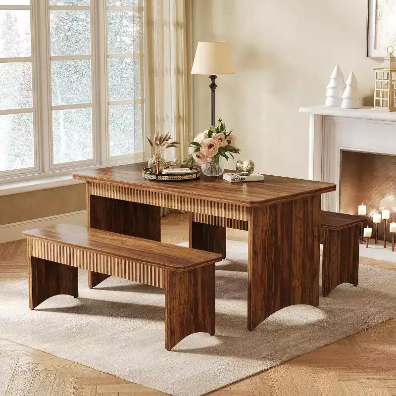 Lantine 55 Dining Table with 2 Benches, Dining Table Set for 4-6 People, Farmhouse Kitchen Table with Bench, Dining Room Table Set