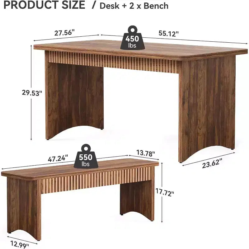 Table à manger de 140 cm avec 2 bancs, ensemble table et bancs pour 4 à 6 personnes, table de cuisine style ferme avec banc, ensemble table de salle à manger