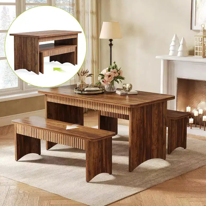 Table à manger de 140 cm avec 2 bancs, ensemble table et bancs pour 4 à 6 personnes, table de cuisine style ferme avec banc, ensemble table de salle à manger