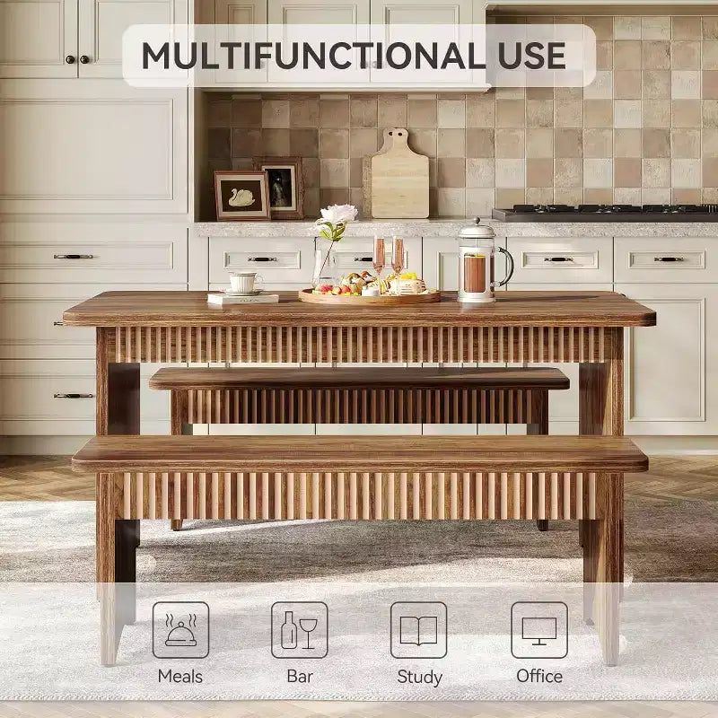 Table à manger de 140 cm avec 2 bancs, ensemble table et bancs pour 4 à 6 personnes, table de cuisine style ferme avec banc, ensemble table de salle à manger