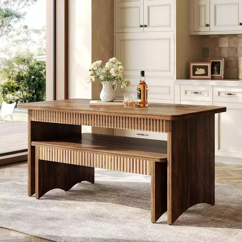 Table à manger de 140 cm avec 2 bancs, ensemble table et bancs pour 4 à 6 personnes, table de cuisine style ferme avec banc, ensemble table de salle à manger