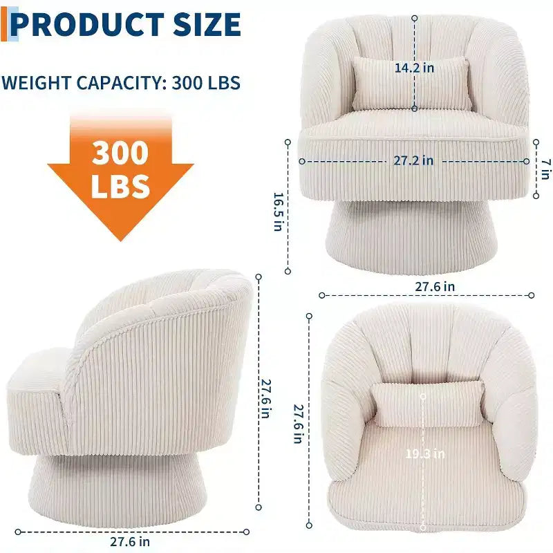 Fauteuil d'appoint pivotant à 360° ultra-moelleux, fauteuil de salon tonneau façon nuage avec revêtement en velours côtelé pour salon et chambre