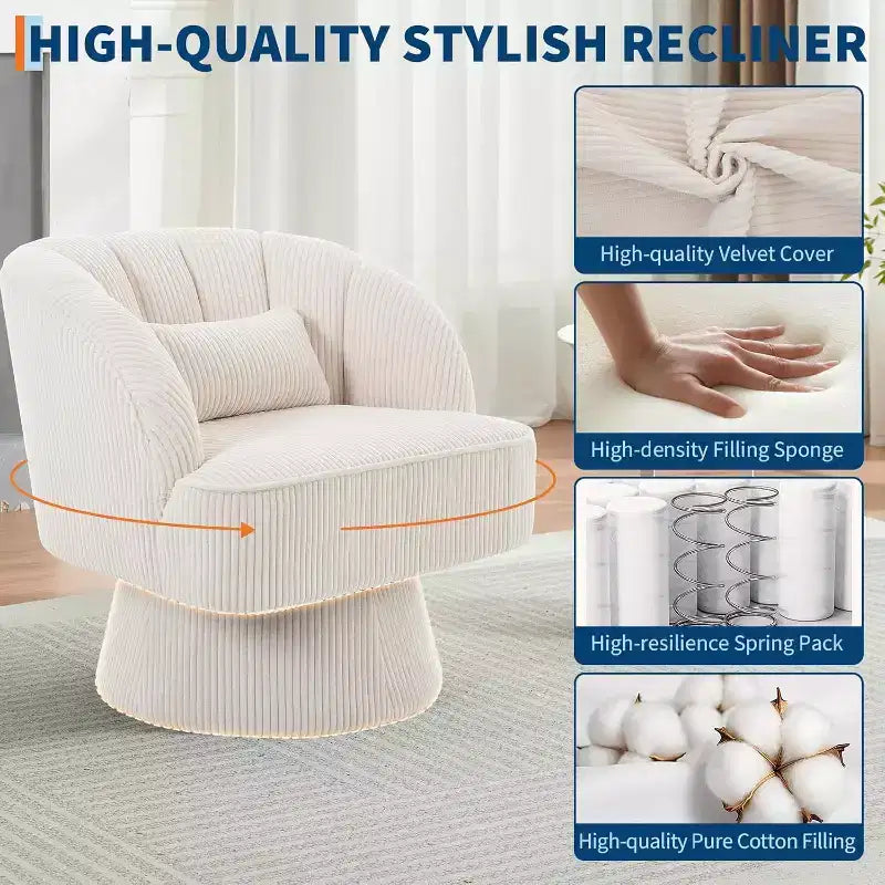 Fauteuil d'appoint pivotant à 360° ultra-moelleux, fauteuil de salon tonneau façon nuage avec revêtement en velours côtelé pour salon et chambre