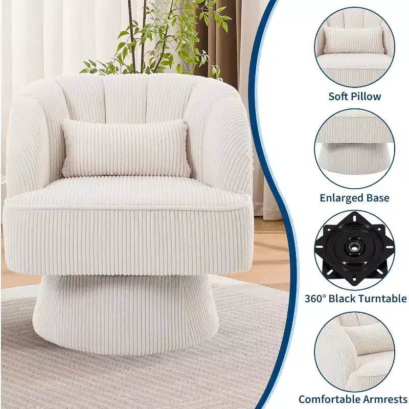 Fauteuil d'appoint pivotant à 360° ultra-moelleux, fauteuil de salon tonneau façon nuage avec revêtement en velours côtelé pour salon et chambre