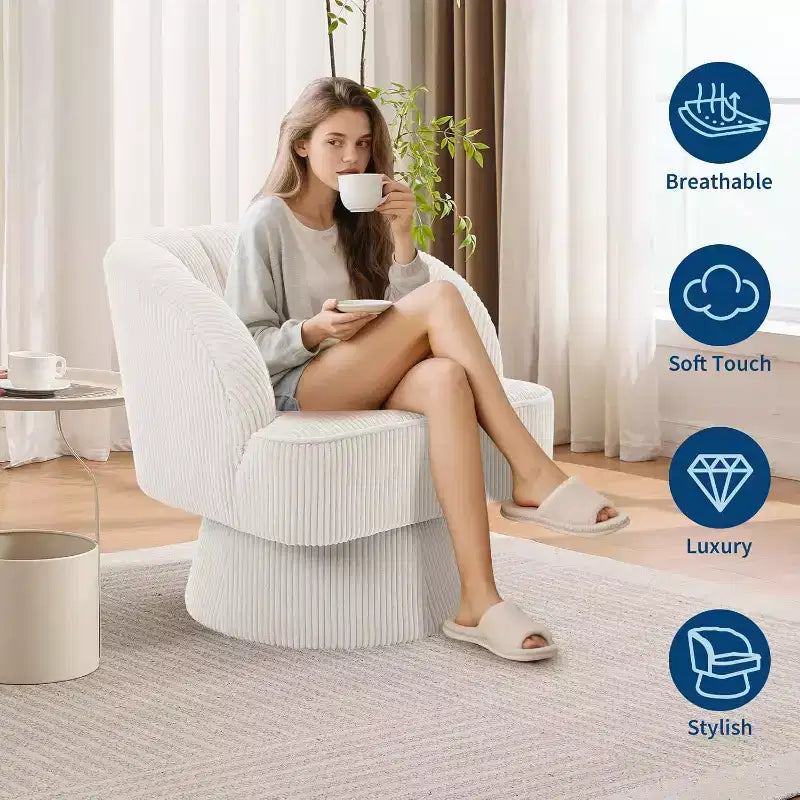 Fauteuil d'appoint pivotant à 360° ultra-moelleux, fauteuil de salon tonneau façon nuage avec revêtement en velours côtelé pour salon et chambre