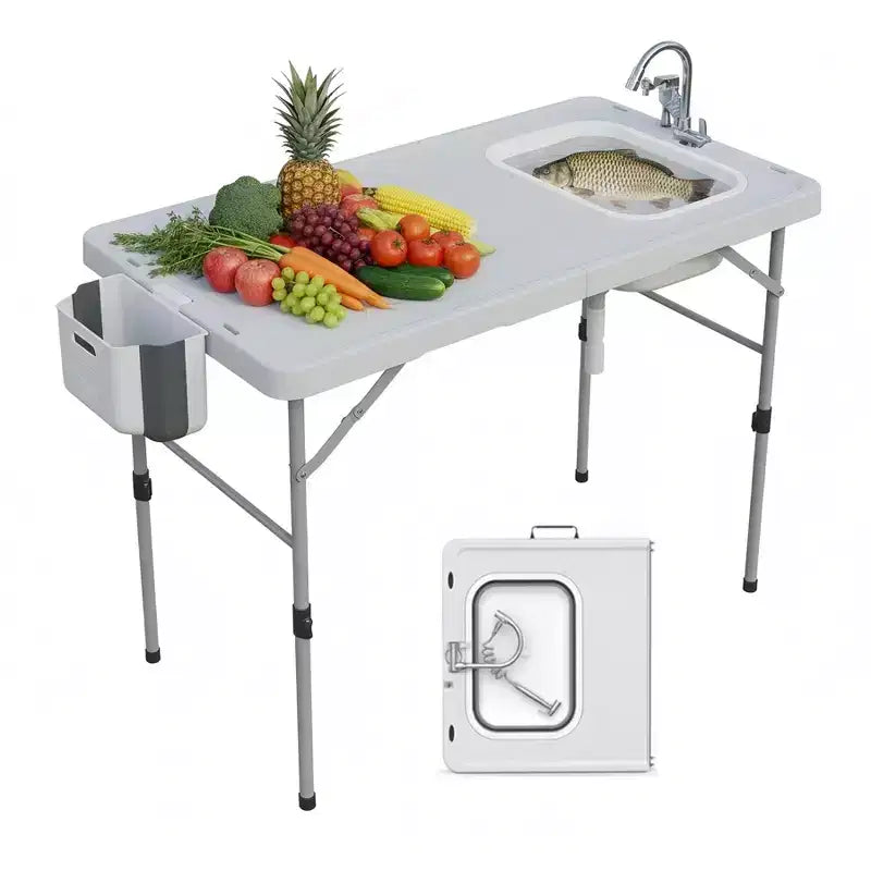 Folding Fish Cleaning Table with Foldable Sink, Portable Camping Table & Fish Cleaning Station, Camping Sink with Faucet Drainage Hose & Sprayer