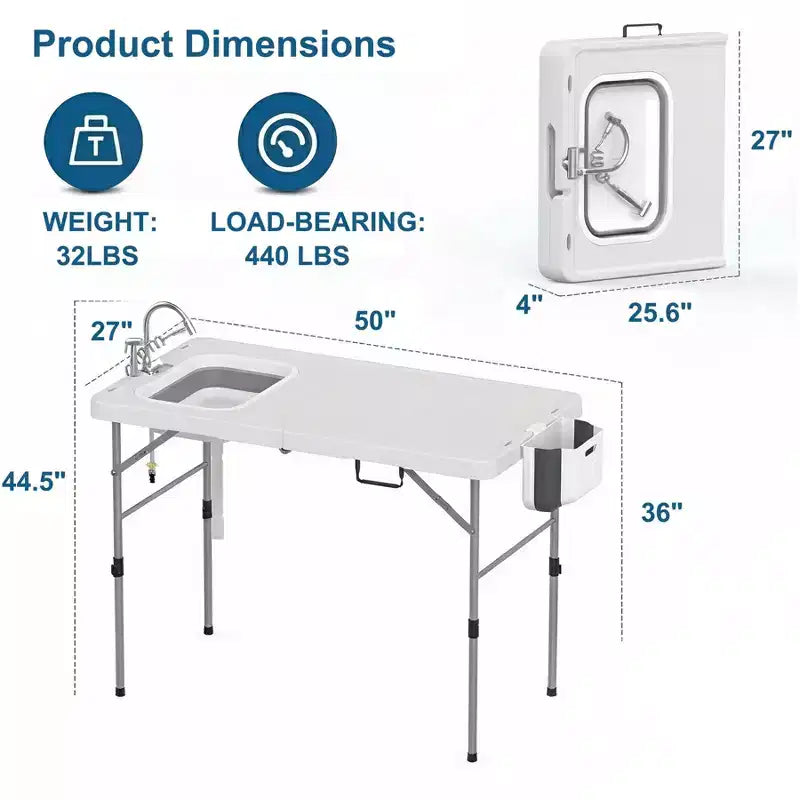 Table de nettoyage de poisson pliante avec évier pliable, table de camping portable et station de nettoyage de poisson, évier de camping avec tuyau de vidange de robinet et pulvérisateur