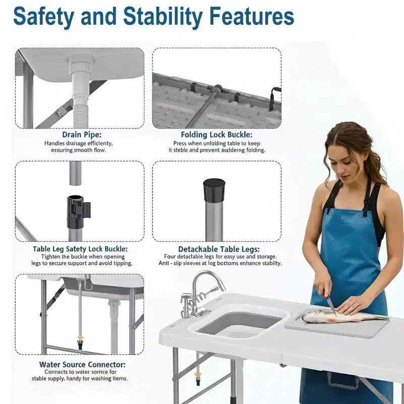 Table de nettoyage de poisson pliante avec évier pliable, table de camping portable et station de nettoyage de poisson, évier de camping avec tuyau de vidange de robinet et pulvérisateur