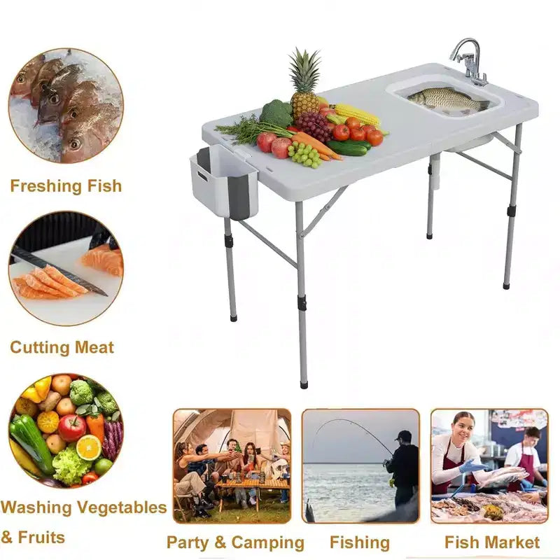 Table de nettoyage de poisson pliante avec évier pliable, table de camping portable et station de nettoyage de poisson, évier de camping avec tuyau de vidange de robinet et pulvérisateur