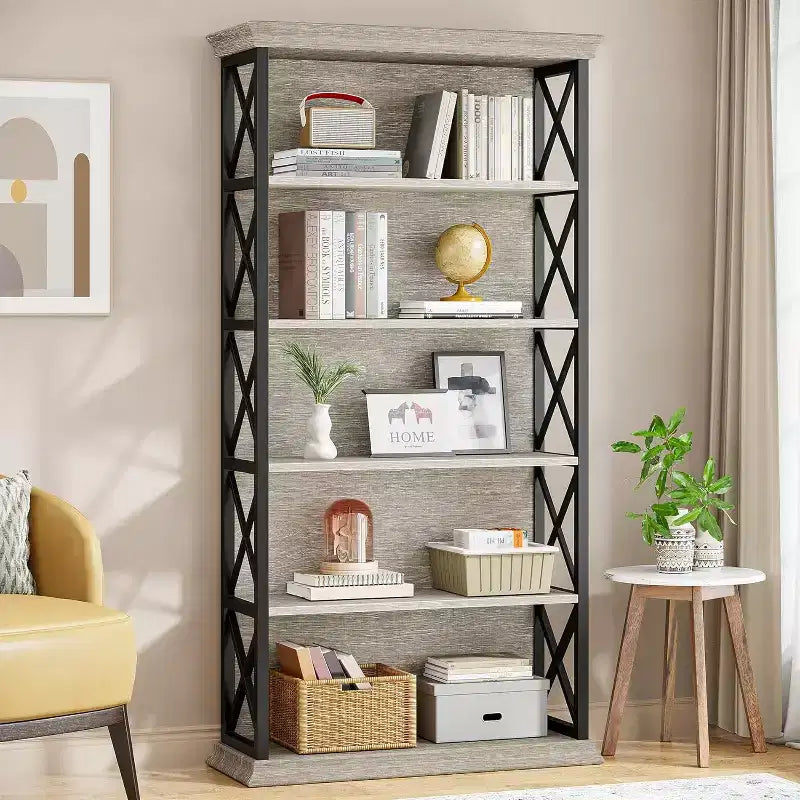 Lantine 6-Tier Bookcase, 71 Inches Industrial Bookshelves, Floor Standing 5 Shelf Display Storage Shelves for Home Office, Living Room, Bed Room, Grey
