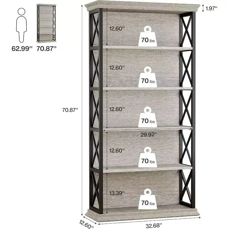 Bibliothèque à 6 niveaux, étagères industrielles de 180 cm, étagères de rangement à 5 tablettes pour le bureau, le salon, la chambre à coucher, Gris
