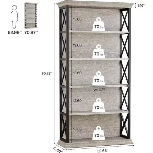 Bibliothèque à 6 niveaux, étagères industrielles de 180 cm, étagères de rangement à 5 tablettes pour le bureau, le salon, la chambre à coucher, Gris