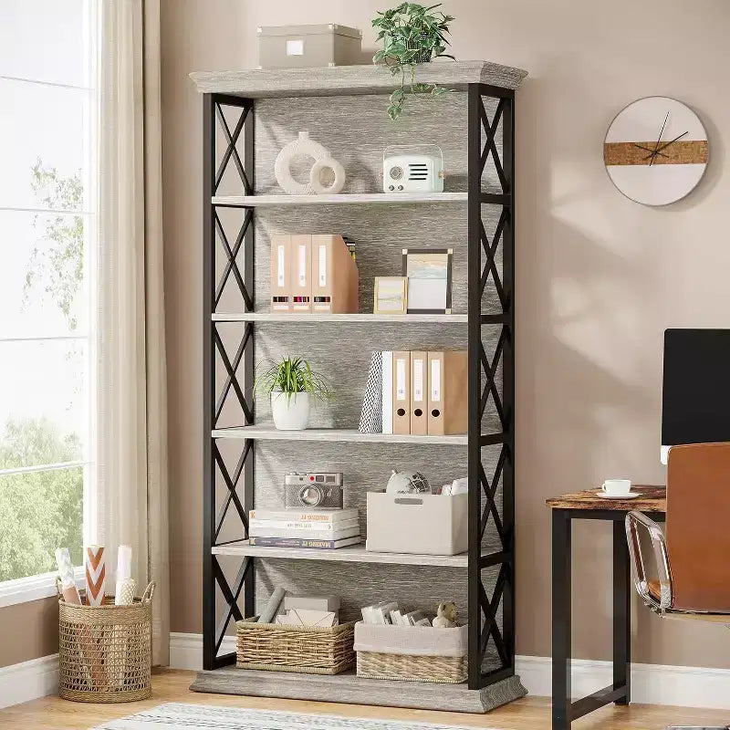 Bibliothèque à 6 niveaux, étagères industrielles de 180 cm, étagères de rangement à 5 tablettes pour le bureau, le salon, la chambre à coucher, Gris