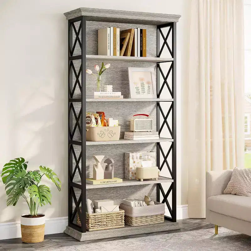 Bibliothèque à 6 niveaux, étagères industrielles de 180 cm, étagères de rangement à 5 tablettes pour le bureau, le salon, la chambre à coucher, Gris