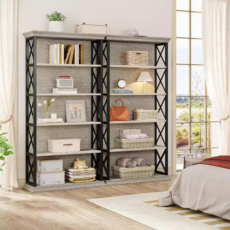 Bibliothèque à 6 niveaux, étagères industrielles de 180 cm, étagères de rangement à 5 tablettes pour le bureau, le salon, la chambre à coucher, Gris