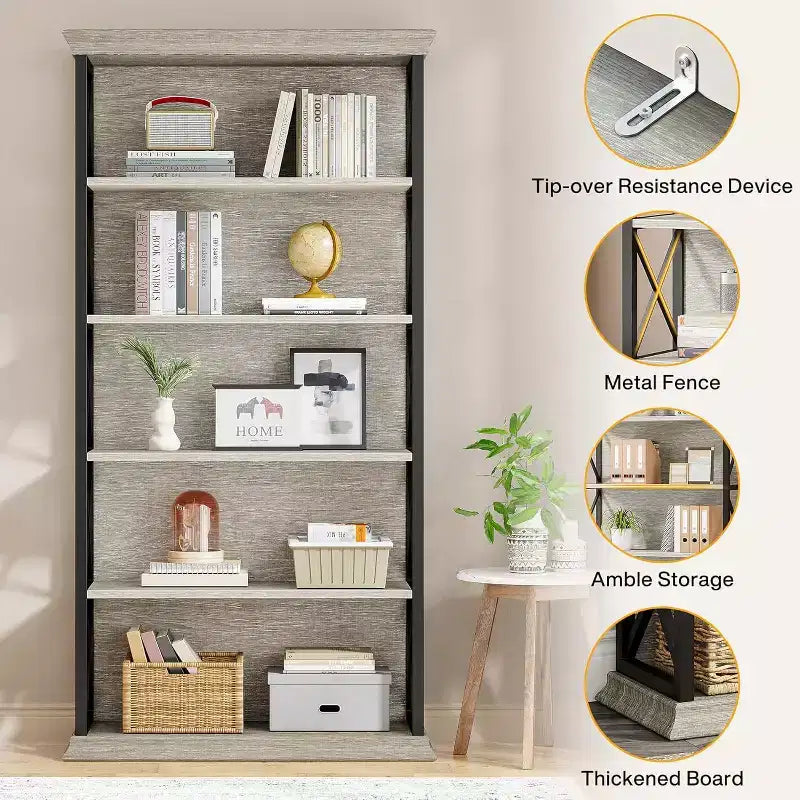 Bibliothèque à 6 niveaux, étagères industrielles de 180 cm, étagères de rangement à 5 tablettes pour le bureau, le salon, la chambre à coucher, Gris