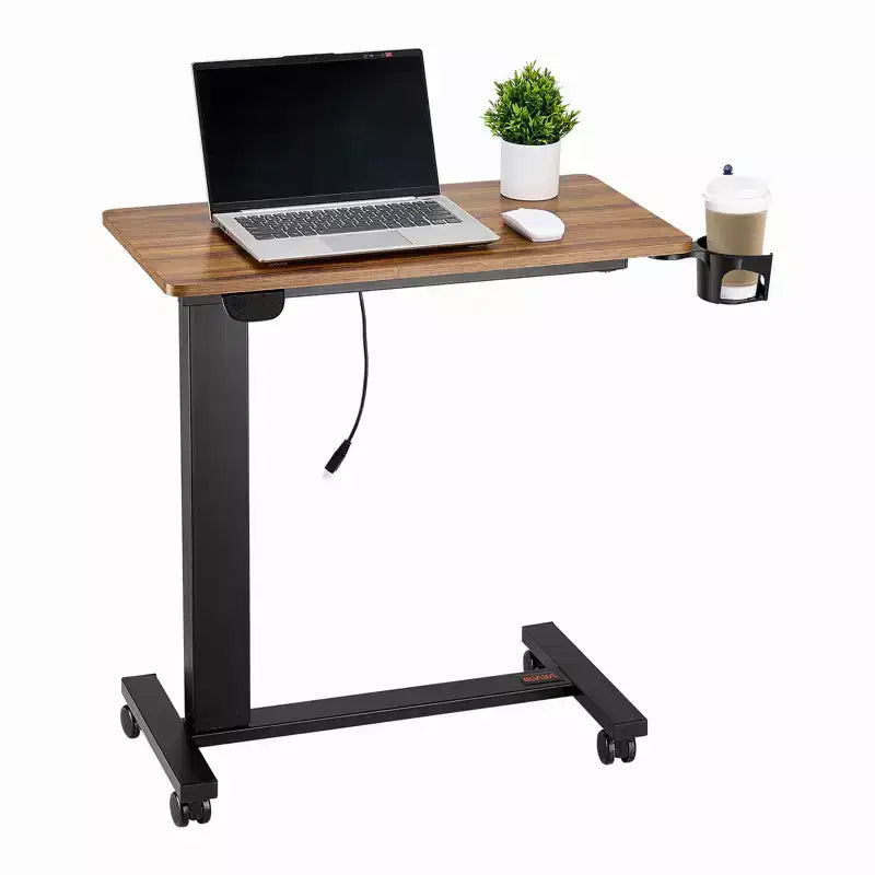 Electric Height Adjustable Overbed Table with Wheels, Rolling Laptop Bedside Desk with Tilting Top & Cup Holder for Home Office Study