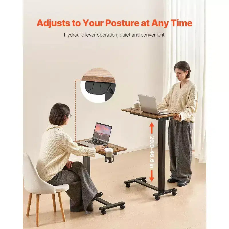Table de lit électrique réglable en hauteur avec roulettes, bureau d'ordinateur portable roulant avec plateau inclinable et porte-gobelet pour bureau à domicile et étude