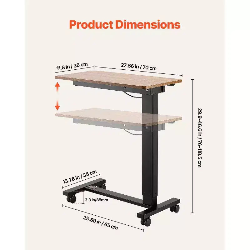 Table de lit électrique réglable en hauteur avec roulettes, bureau d'ordinateur portable roulant avec plateau inclinable et porte-gobelet pour bureau à domicile et étude