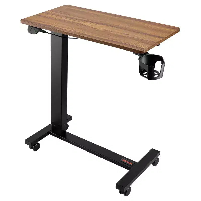 Table de lit électrique réglable en hauteur avec roulettes, bureau d'ordinateur portable roulant avec plateau inclinable et porte-gobelet pour bureau à domicile et étude