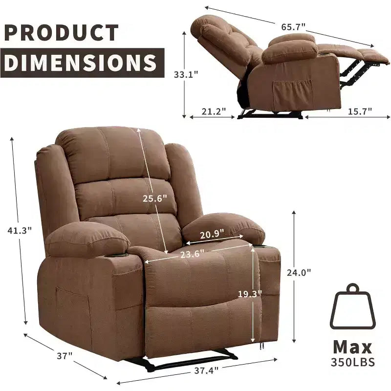 Grand fauteuil inclinable, 3 positions d'inclinaison jusqu'à 145°, avec 2 porte-gobelets, 2 poches latérales et 2 poches frontales pour salon, chambre, home cinéma