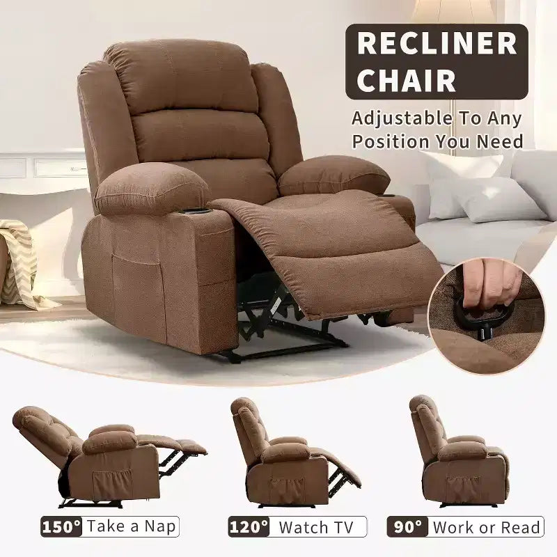 Grand fauteuil inclinable, 3 positions d'inclinaison jusqu'à 145°, avec 2 porte-gobelets, 2 poches latérales et 2 poches frontales pour salon, chambre, home cinéma
