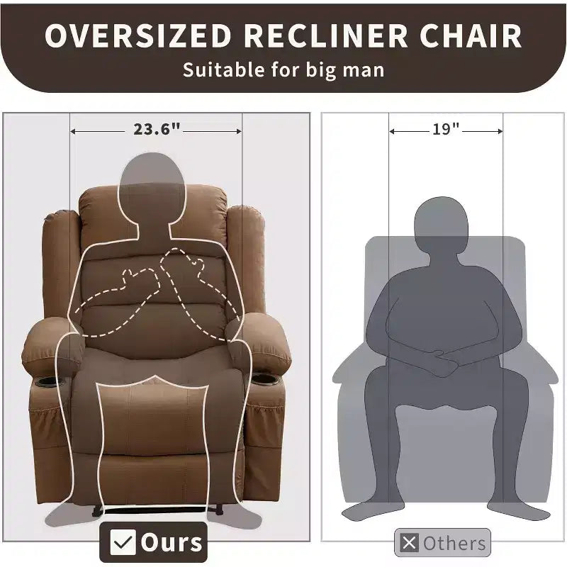 Grand fauteuil inclinable, 3 positions d'inclinaison jusqu'à 145°, avec 2 porte-gobelets, 2 poches latérales et 2 poches frontales pour salon, chambre, home cinéma
