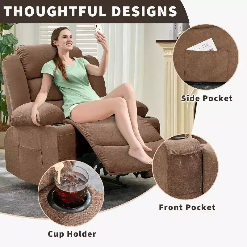 Grand fauteuil inclinable, 3 positions d'inclinaison jusqu'à 145°, avec 2 porte-gobelets, 2 poches latérales et 2 poches frontales pour salon, chambre, home cinéma