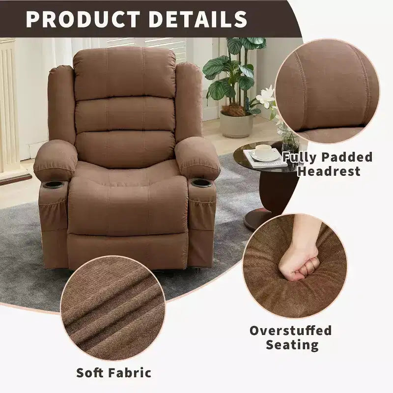 Grand fauteuil inclinable, 3 positions d'inclinaison jusqu'à 145°, avec 2 porte-gobelets, 2 poches latérales et 2 poches frontales pour salon, chambre, home cinéma