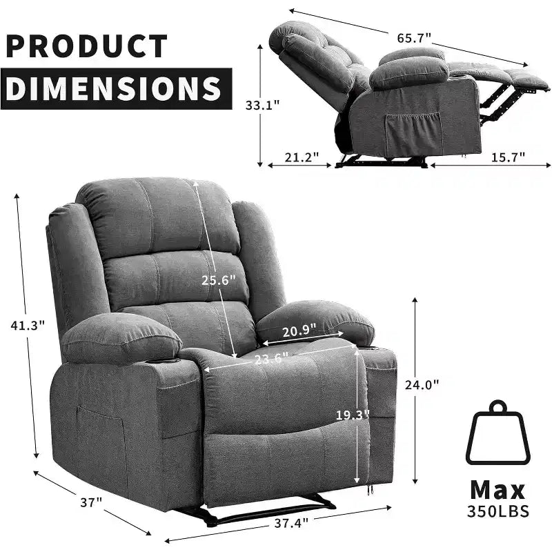 Grand fauteuil inclinable, 3 positions d'inclinaison jusqu'à 145°, avec 2 porte-gobelets, 2 poches latérales et 2 poches frontales pour salon, chambre, home cinéma