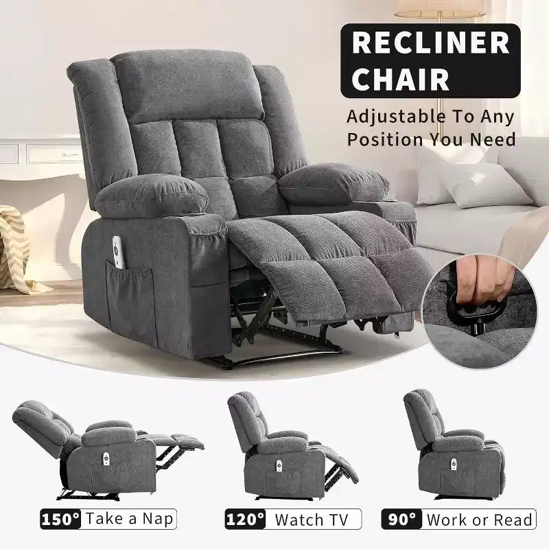 Grand fauteuil inclinable, 3 positions d'inclinaison jusqu'à 145°, avec 2 porte-gobelets, 2 poches latérales et 2 poches frontales pour salon, chambre, home cinéma
