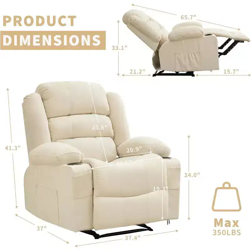 Grand fauteuil inclinable, 3 positions d'inclinaison jusqu'à 145°, avec 2 porte-gobelets, 2 poches latérales et 2 poches frontales pour salon, chambre, home cinéma