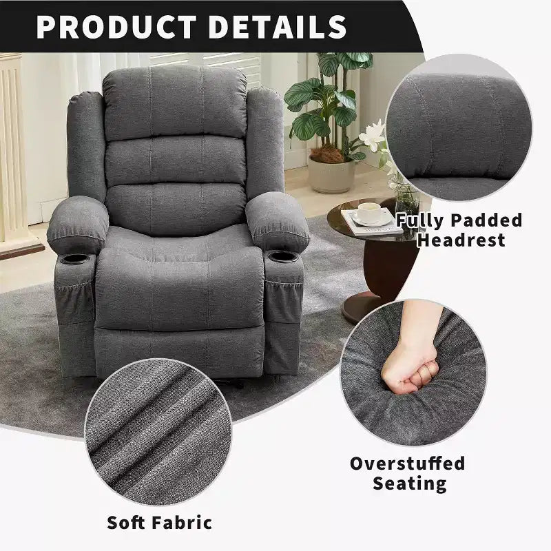 Grand fauteuil inclinable, 3 positions d'inclinaison jusqu'à 145°, avec 2 porte-gobelets, 2 poches latérales et 2 poches frontales pour salon, chambre, home cinéma