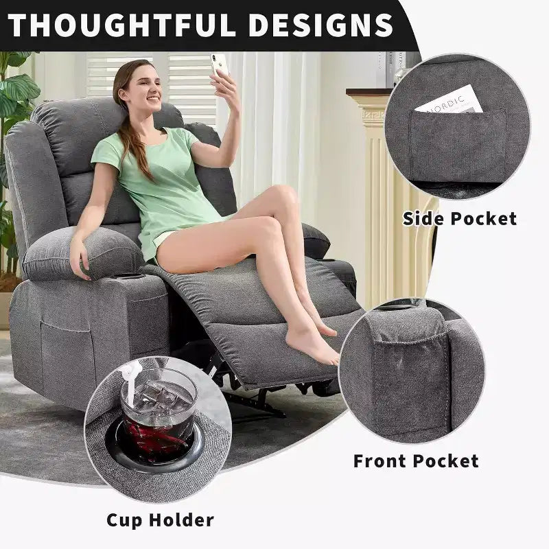 Grand fauteuil inclinable, 3 positions d'inclinaison jusqu'à 145°, avec 2 porte-gobelets, 2 poches latérales et 2 poches frontales pour salon, chambre, home cinéma