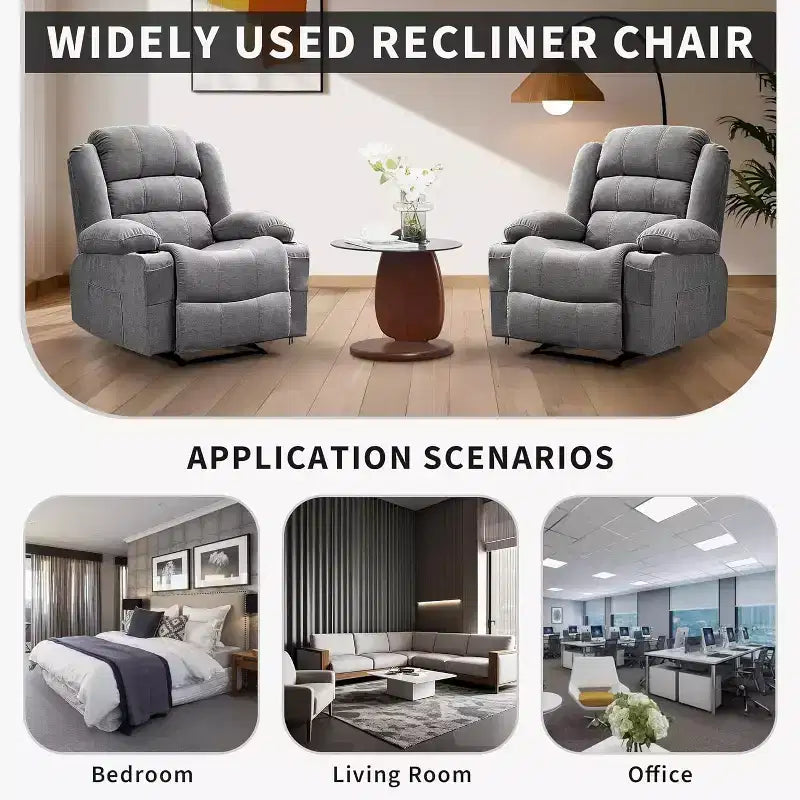 Grand fauteuil inclinable, 3 positions d'inclinaison jusqu'à 145°, avec 2 porte-gobelets, 2 poches latérales et 2 poches frontales pour salon, chambre, home cinéma