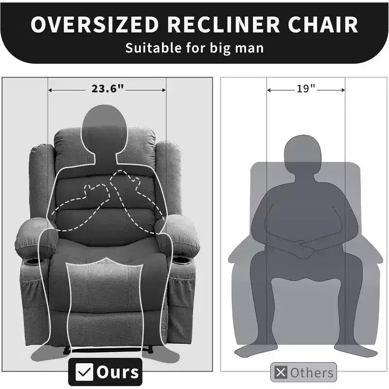 Grand fauteuil inclinable, 3 positions d'inclinaison jusqu'à 145°, avec 2 porte-gobelets, 2 poches latérales et 2 poches frontales pour salon, chambre, home cinéma