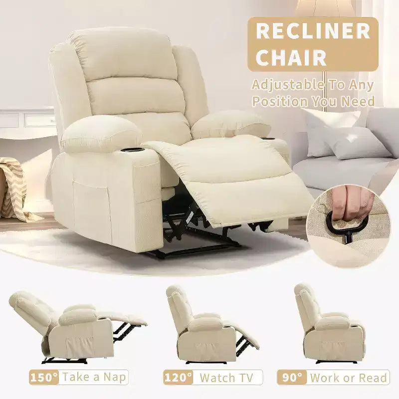 Grand fauteuil inclinable, 3 positions d'inclinaison jusqu'à 145°, avec 2 porte-gobelets, 2 poches latérales et 2 poches frontales pour salon, chambre, home cinéma