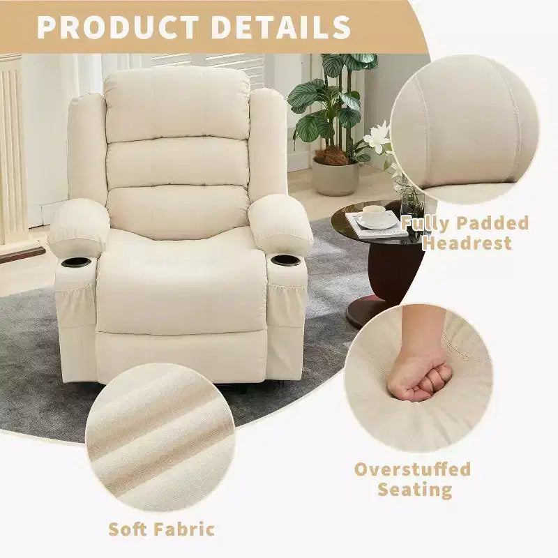 Grand fauteuil inclinable, 3 positions d'inclinaison jusqu'à 145°, avec 2 porte-gobelets, 2 poches latérales et 2 poches frontales pour salon, chambre, home cinéma