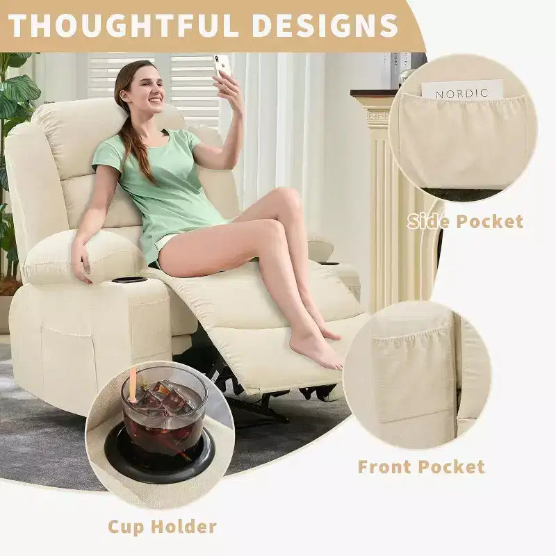 Grand fauteuil inclinable, 3 positions d'inclinaison jusqu'à 145°, avec 2 porte-gobelets, 2 poches latérales et 2 poches frontales pour salon, chambre, home cinéma