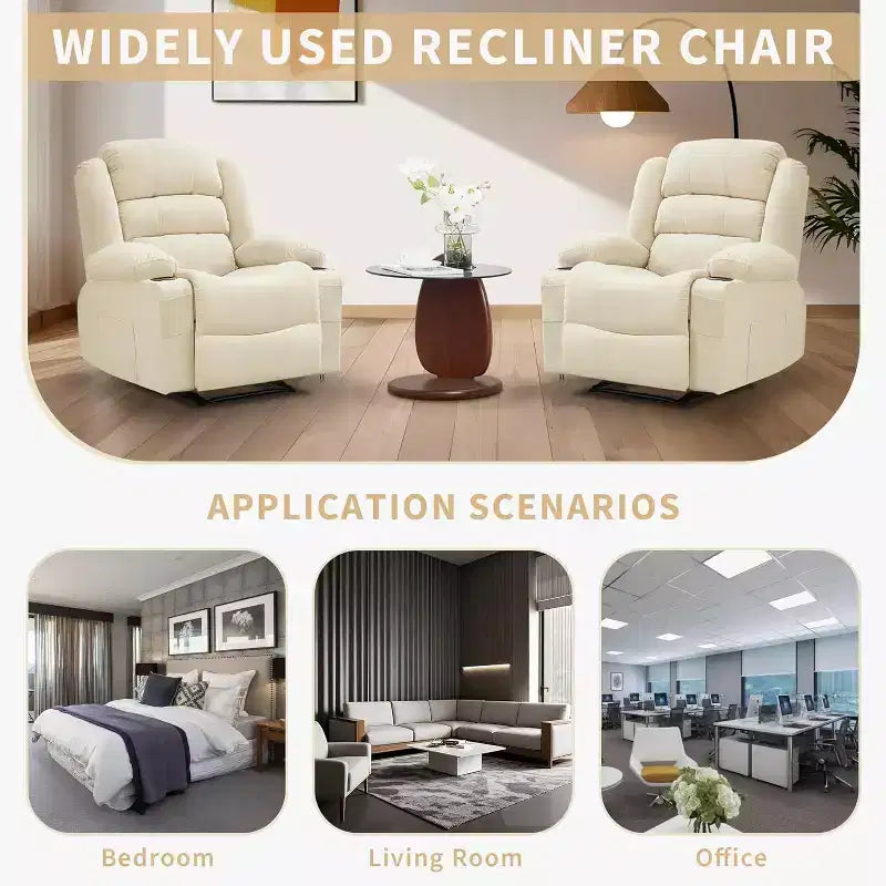 Grand fauteuil inclinable, 3 positions d'inclinaison jusqu'à 145°, avec 2 porte-gobelets, 2 poches latérales et 2 poches frontales pour salon, chambre, home cinéma