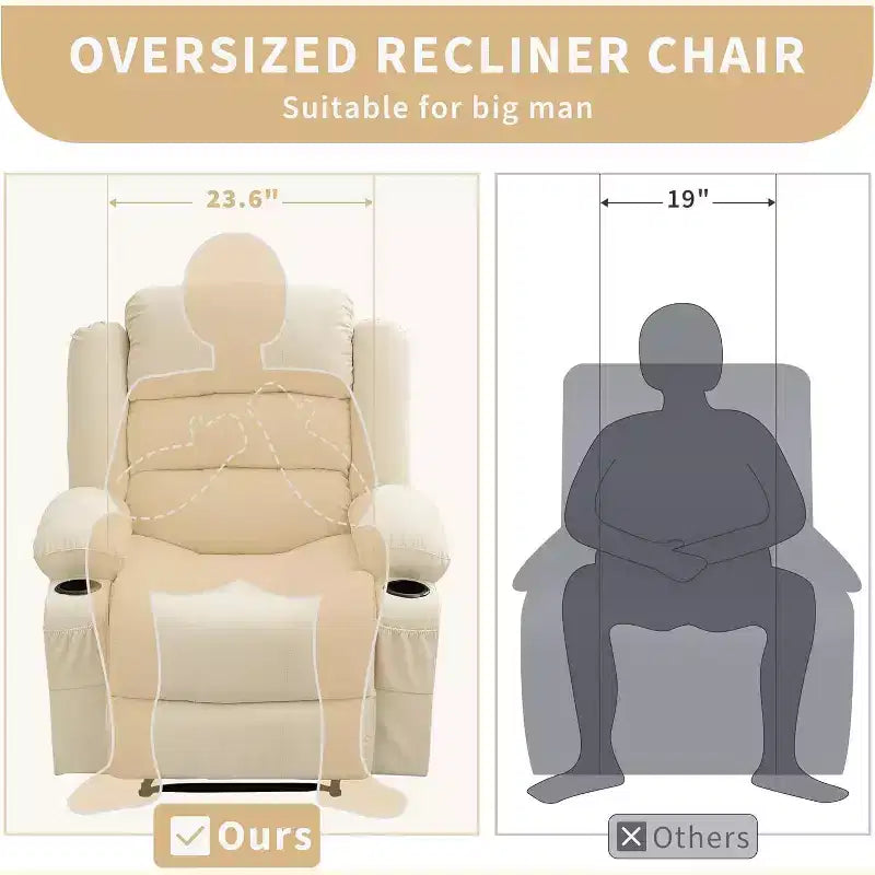 Grand fauteuil inclinable, 3 positions d'inclinaison jusqu'à 145°, avec 2 porte-gobelets, 2 poches latérales et 2 poches frontales pour salon, chambre, home cinéma