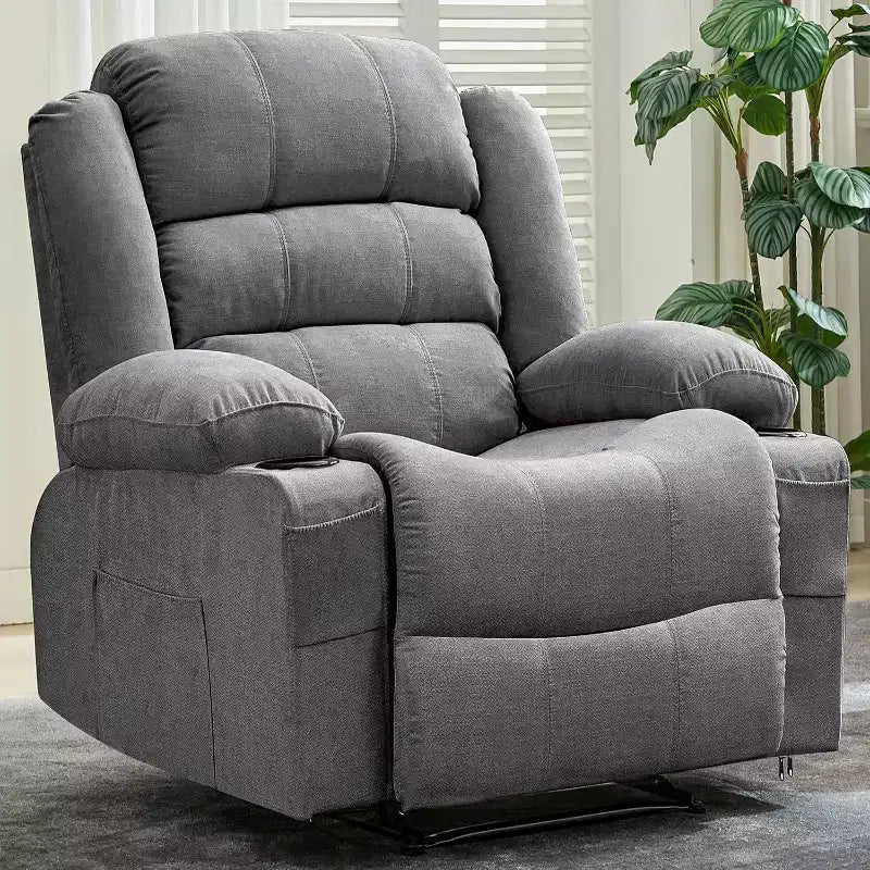 Grand fauteuil inclinable, 3 positions d'inclinaison jusqu'à 145°, avec 2 porte-gobelets, 2 poches latérales et 2 poches frontales pour salon, chambre, home cinéma