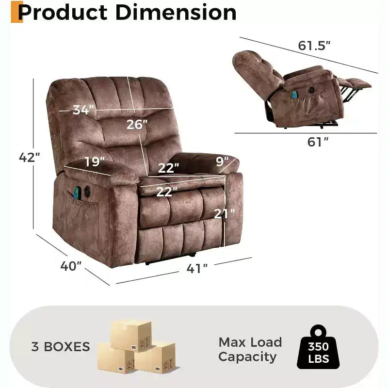 Fauteuil inclinable releveur électrique avec massage et chaleur pour personnes âgées, robuste, sûr, siège plus large