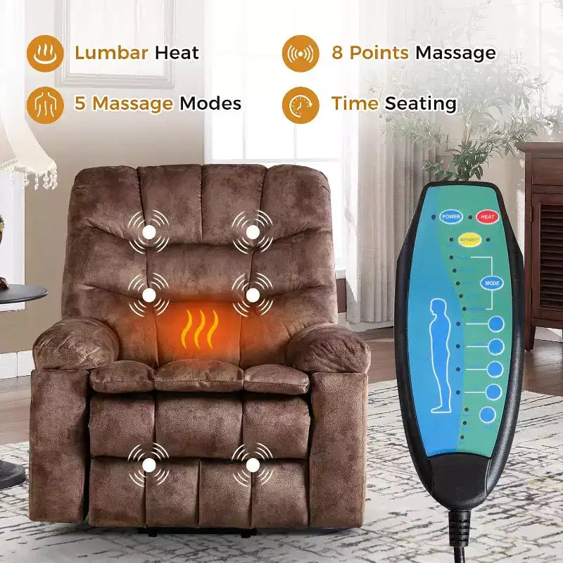 Fauteuil inclinable releveur électrique avec massage et chaleur pour personnes âgées, robuste, sûr, siège plus large