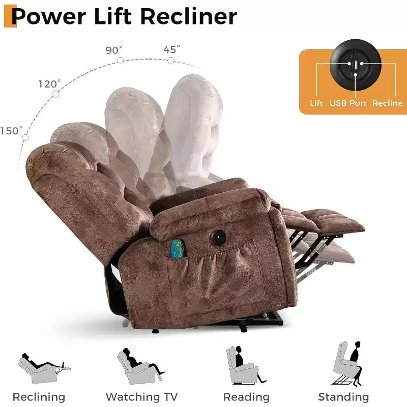 Fauteuil inclinable releveur électrique avec massage et chaleur pour personnes âgées, robuste, sûr, siège plus large
