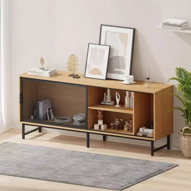 Meuble TV industriel, meuble de divertissement avec trous de gestion des câbles, pieds en métal et grand espace de rangement pour le salon