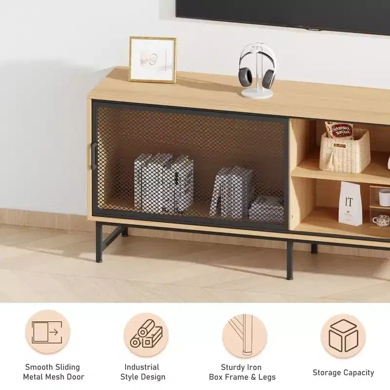 Meuble TV industriel, meuble de divertissement avec trous de gestion des câbles, pieds en métal et grand espace de rangement pour le salon