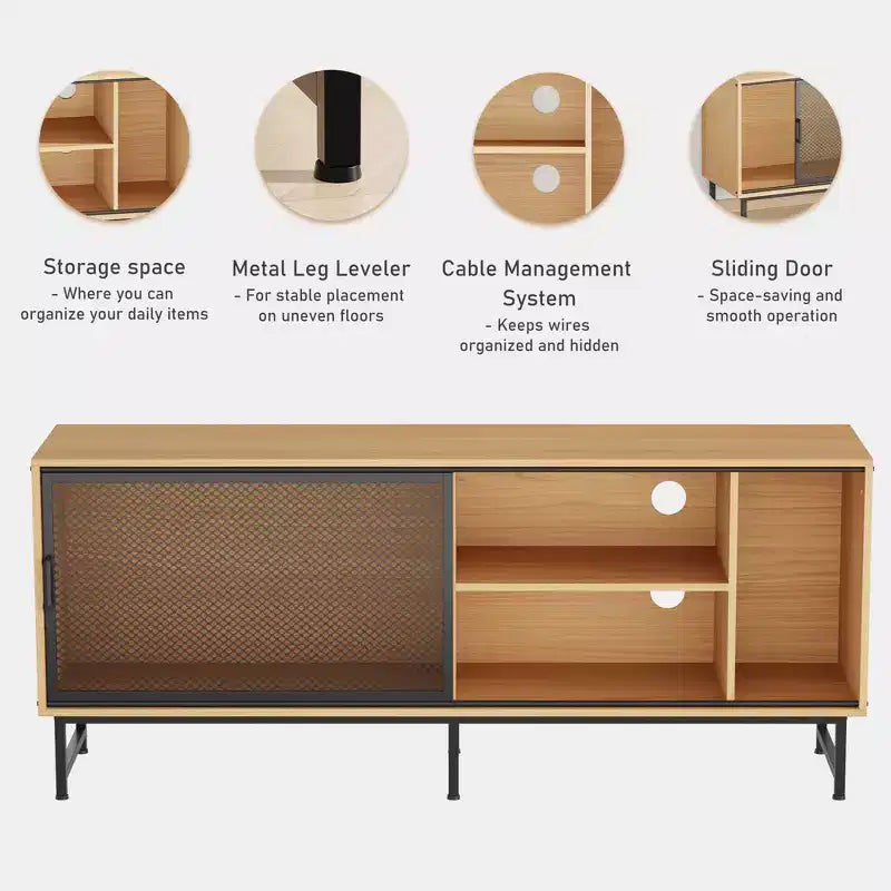 Meuble TV industriel, meuble de divertissement avec trous de gestion des câbles, pieds en métal et grand espace de rangement pour le salon